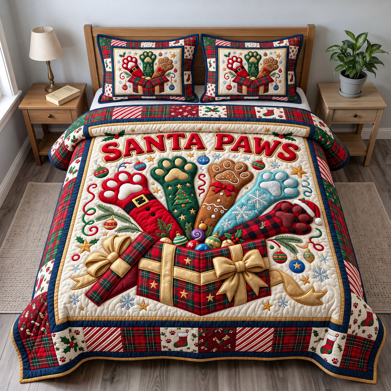 Santa Paws Quilted Bedding Set Xmas Puppy Bedding Set Christmas Farmhouse Decor Gifts