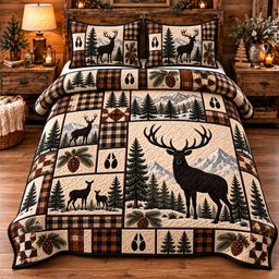 Rustic Deer Patchwork Quilted Bedding Set Woodland Deer Bedding Set Cozy Holiday Gifts