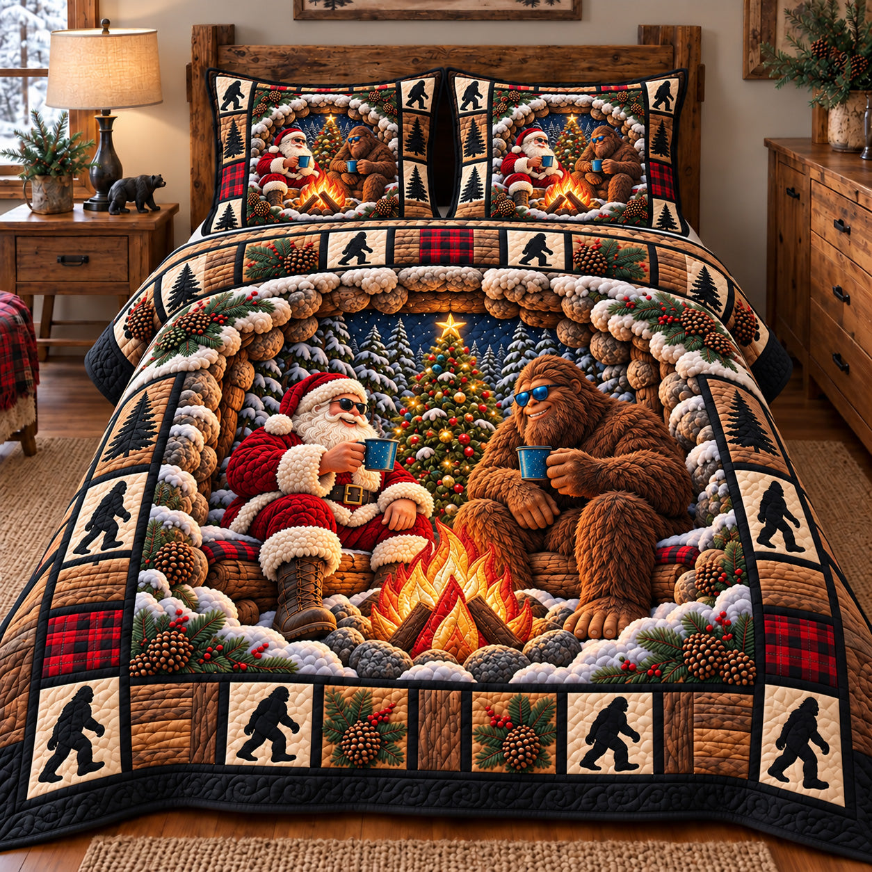 Santa Bigfoot Pals Quilted Bedding Set Xmas Sasquatch Bedding Set Winter Decor Gifts