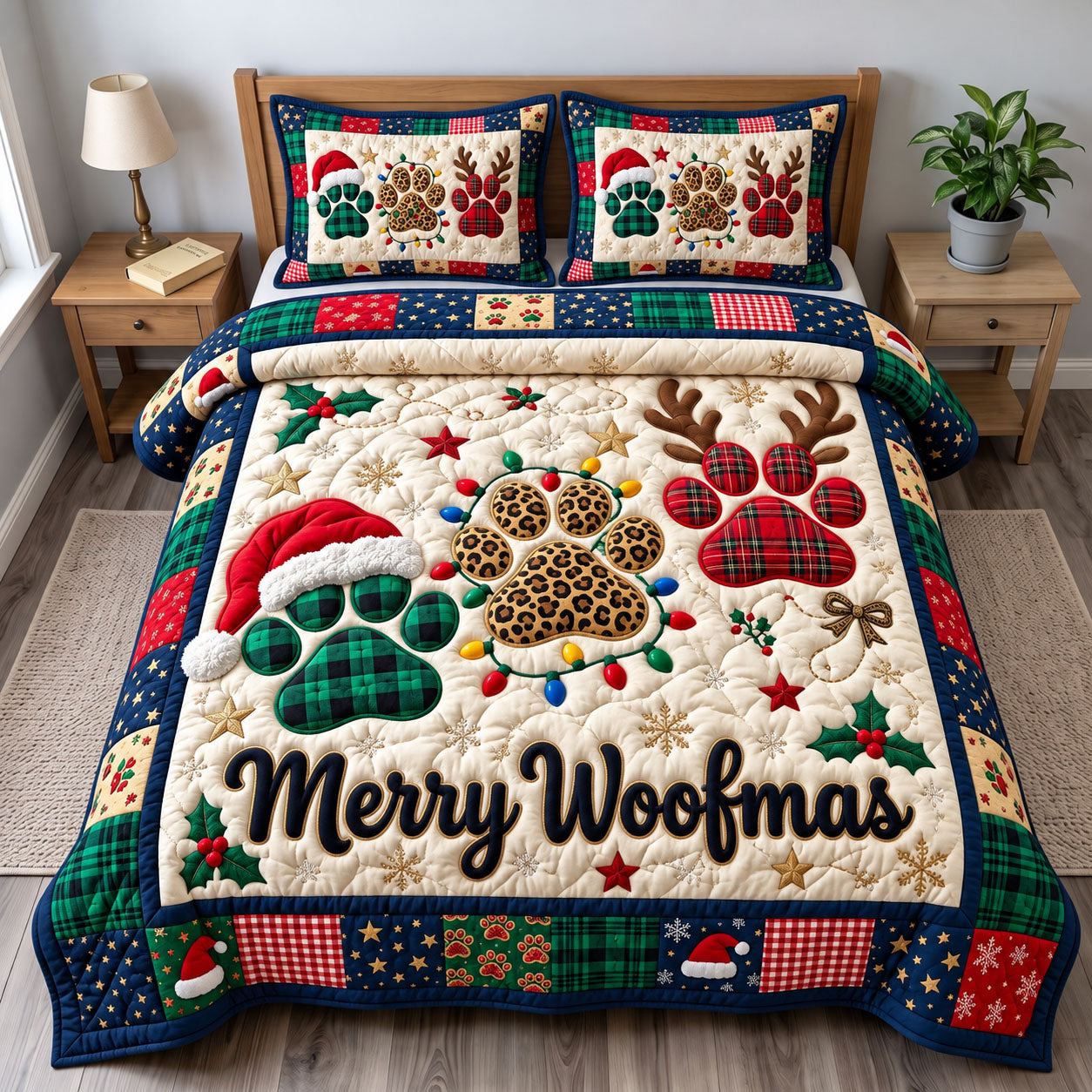 Santa Paws Quilted Bedding Set Christmas Puppy Holiday Comforter Set Gift For Brother