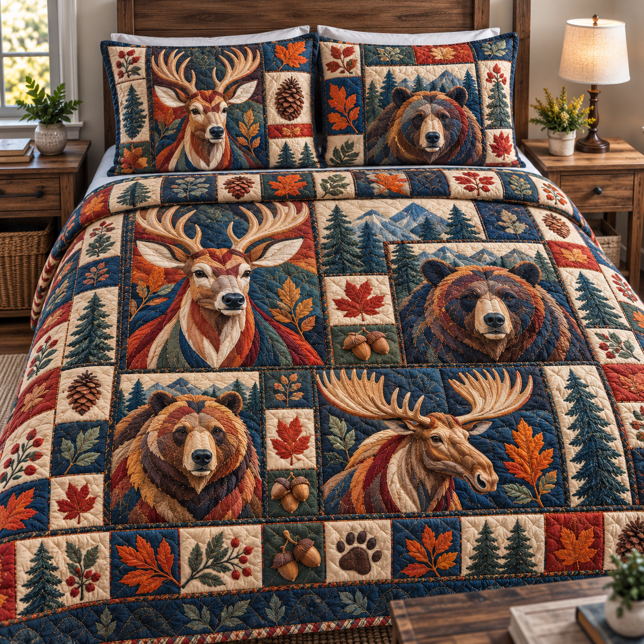Rustic Woodland Autumn Quilted Bedding Set Fall Forest Bedding Set Holiday Gifts