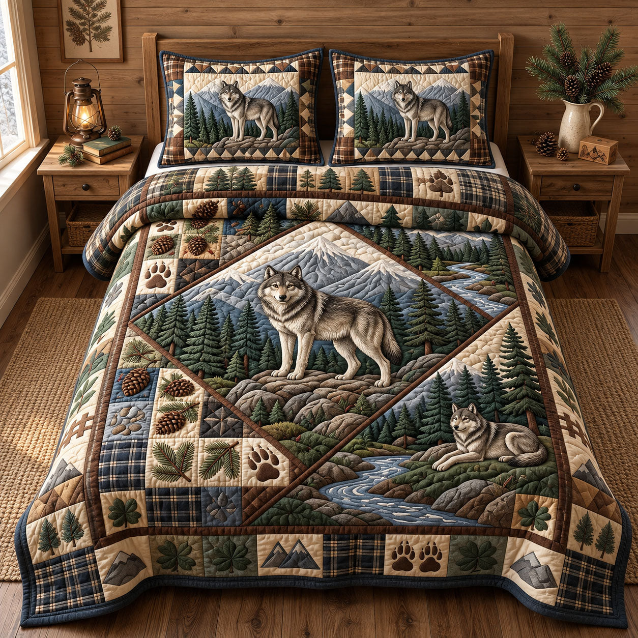Rustic Wolf Quilted Bedding Set Woodland Wolf Bedding Set Forest Decor Gifts