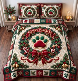 Santa Paws Quilted Bedding Set Xmas Puppy Bedding Set Christmas Decor Best Gifts