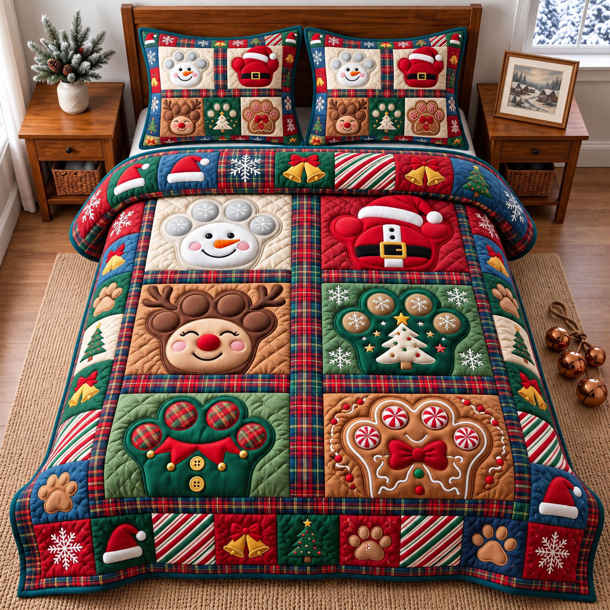 Santa Paws Quilted Bedding Set Xmas Puppy Bedding Set Christmas Decor Gifts