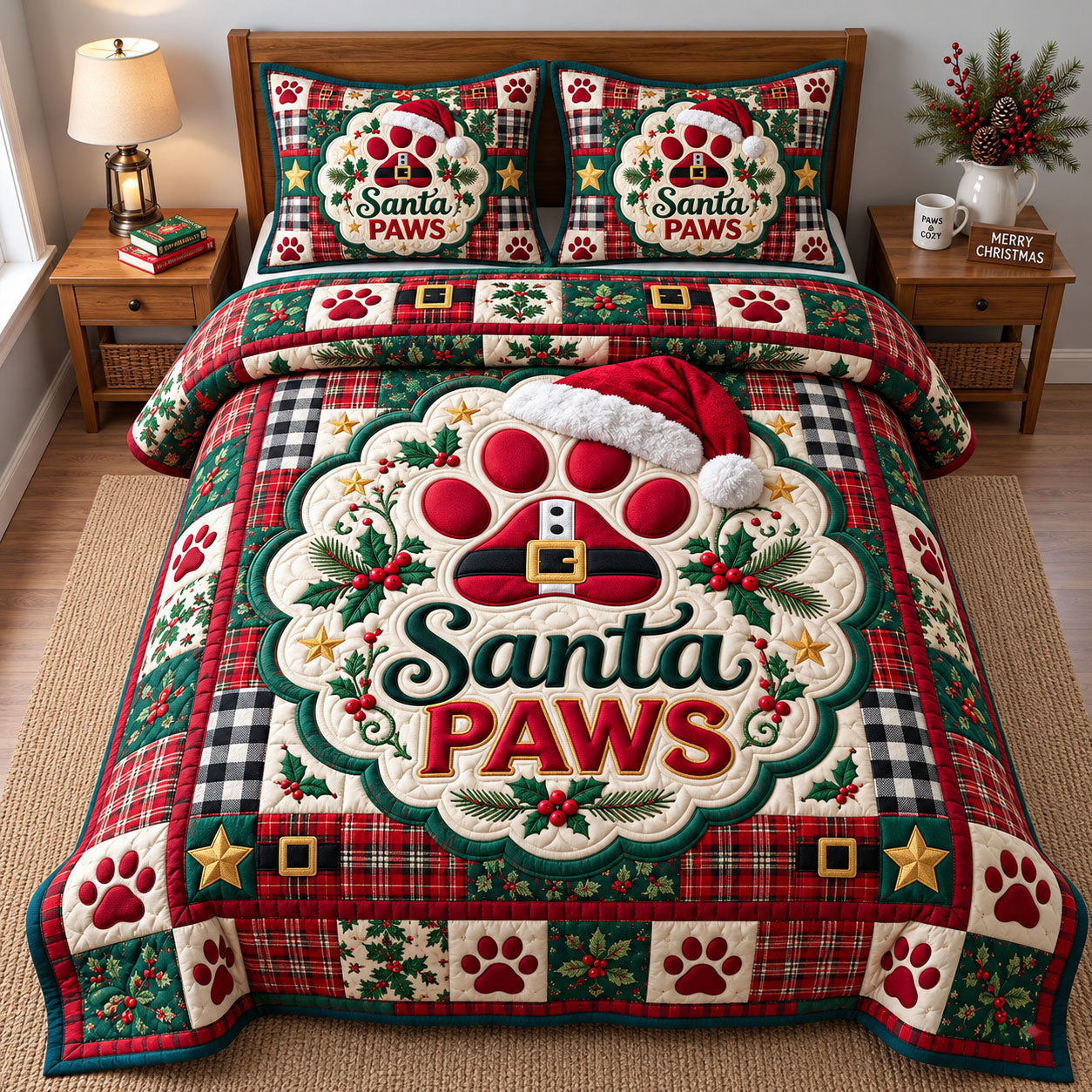 Santa Paws Quilted Bedding Set Xmas Puppy Bedding Set Christmas Room Decor Gifts