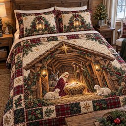 Rustic Barn Nativity Quilted Bedding Set Christian Christmas Bedding Set Noel Decor Gifts