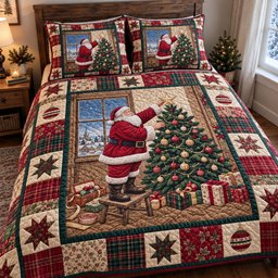 Santa Claus Quilted Bedding Set Xmas Santa Christmas Duvet Cover Set Holiday Gifts