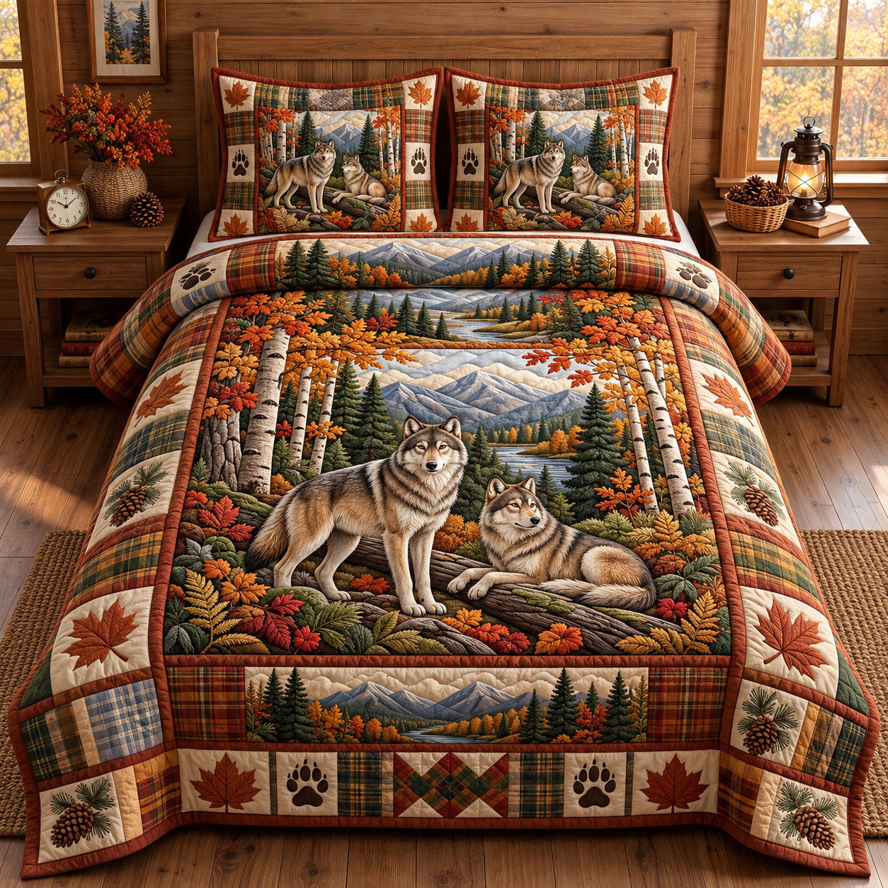 Rustic Wolf Quilted Bedding Set Woodland Wolf Cozy Mountain Cabin Lodge Forest Decor