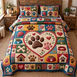 Rustic Paw Patchwork Quilted Bedding Set Colorful Paw Print Bedding Set Family Gifts