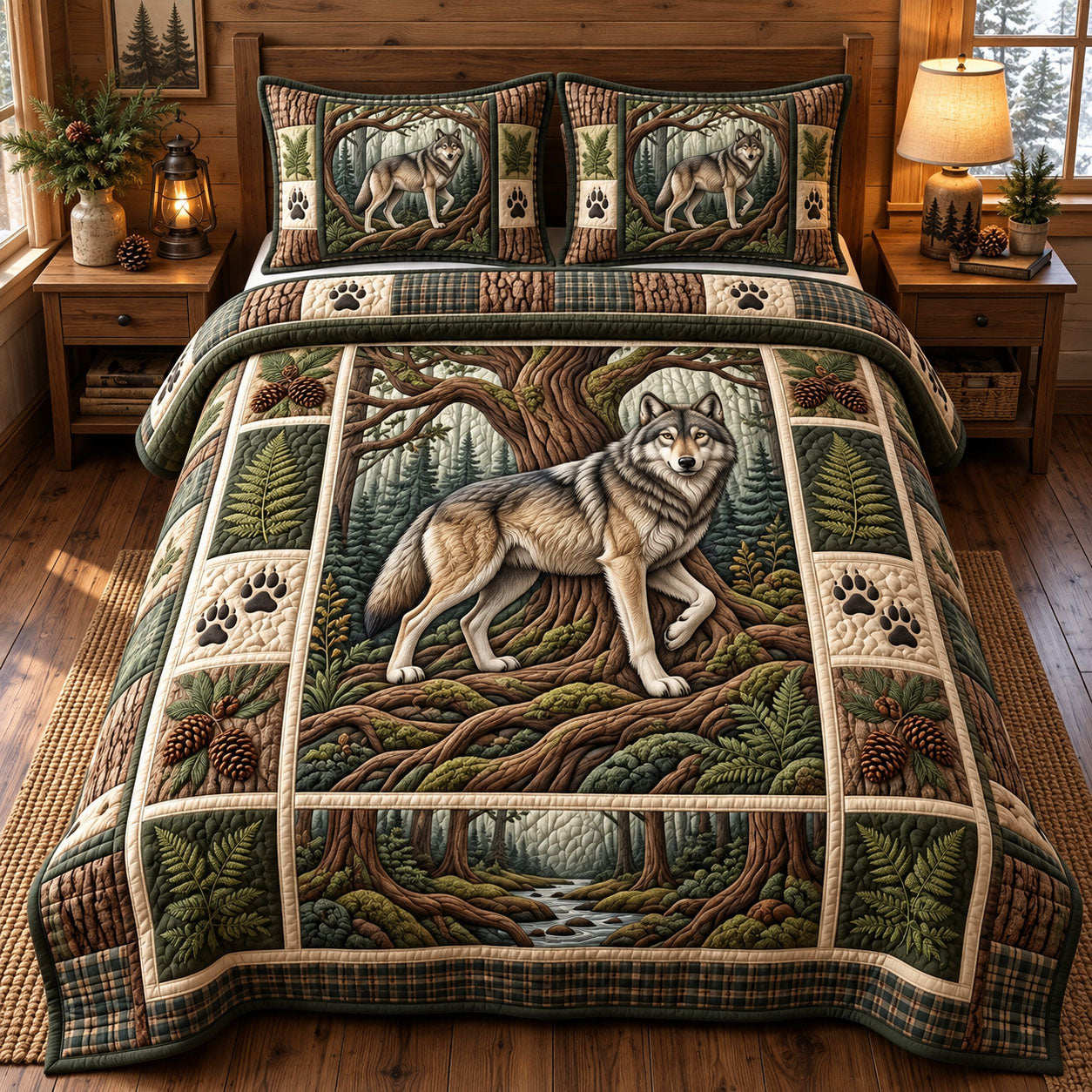Rustic Wolf Quilted Bedding Set Woodland Wolf Cozy Mountain Xmas Decor Gifts