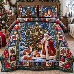 Santa Christmas Forest Friends Quilted Bedding Set Xmas Woodland Animals Decor Gift