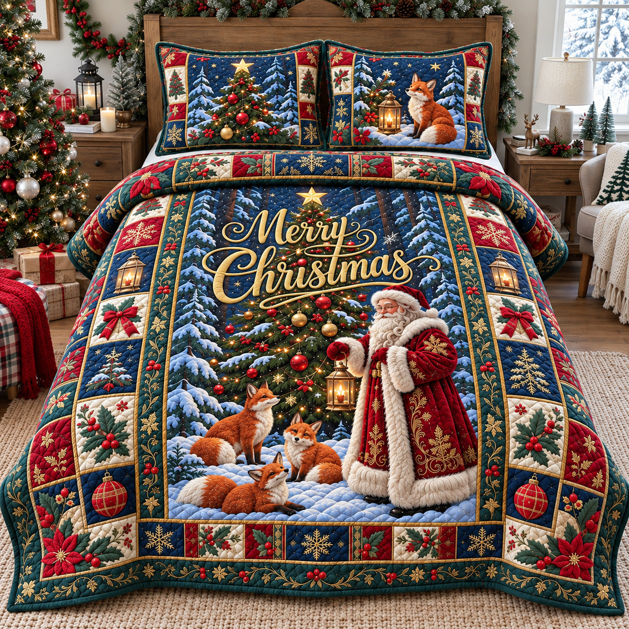 Santa Christmas Forest Friends Quilted Bedding Set Xmas Woodland Animals Decor Gift