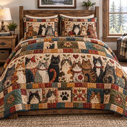 Rustic Patchwork Cat Family Quilted Bedding Set Country Cat Cozy Farmhouse Decor Gifts