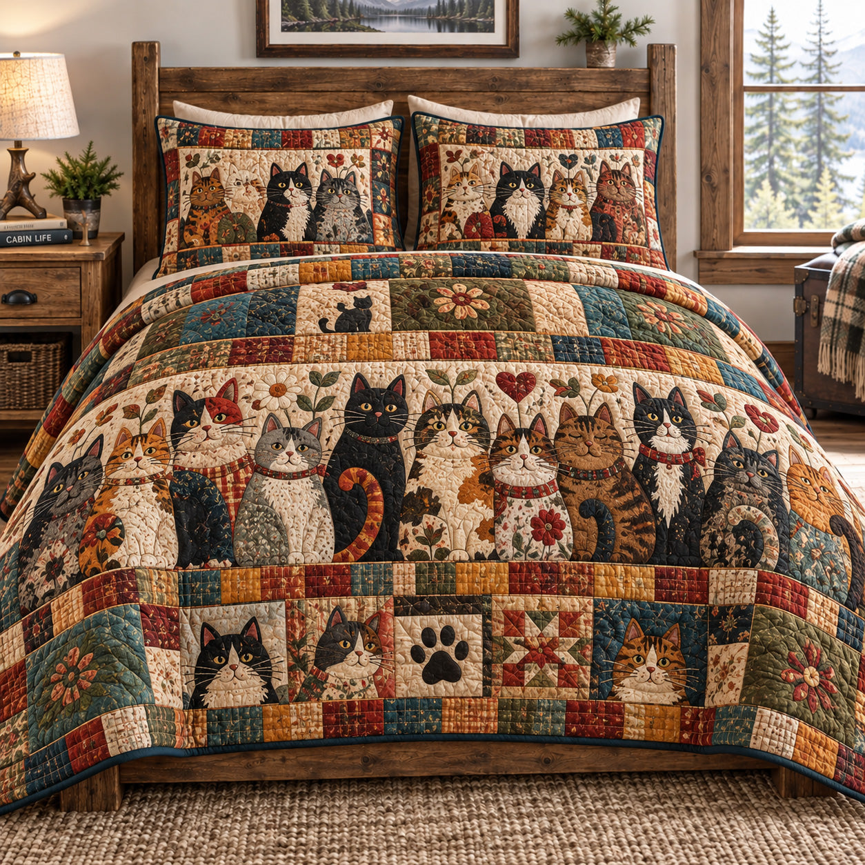 Rustic Patchwork Cat Family Quilted Bedding Set Country Cat Cozy Farmhouse Decor Gifts