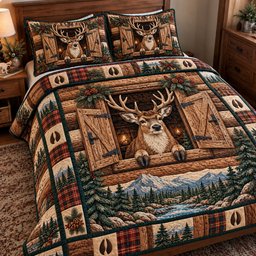 Rustic Deer Cabin Quilted Bedding Set Woodland Deer Duvet Cover Set Decor Gifts
