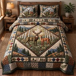 Rustic Deer Quilted Bedding Set Woodland Deer Cozy Forest Cabin Lodge Xmas Decor Gifts