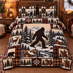 Rustic Bigfoot Patchwork Quilted Bedding Set Sasquatch Woodland Xmas Decor Gifts