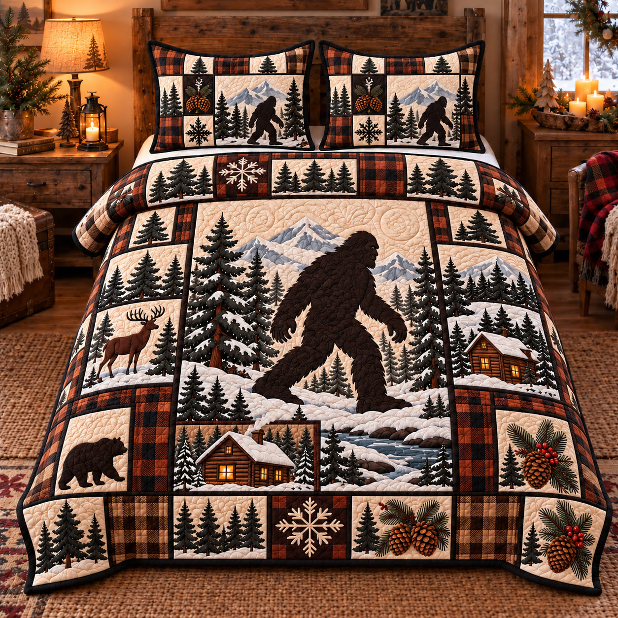 Rustic Bigfoot Patchwork Quilted Bedding Set Sasquatch Woodland Xmas Decor Gifts