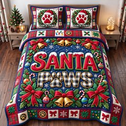 Santa Paws Quilted Bedding Set Xmas Puppy Bedding Set Festive Decor Gifts