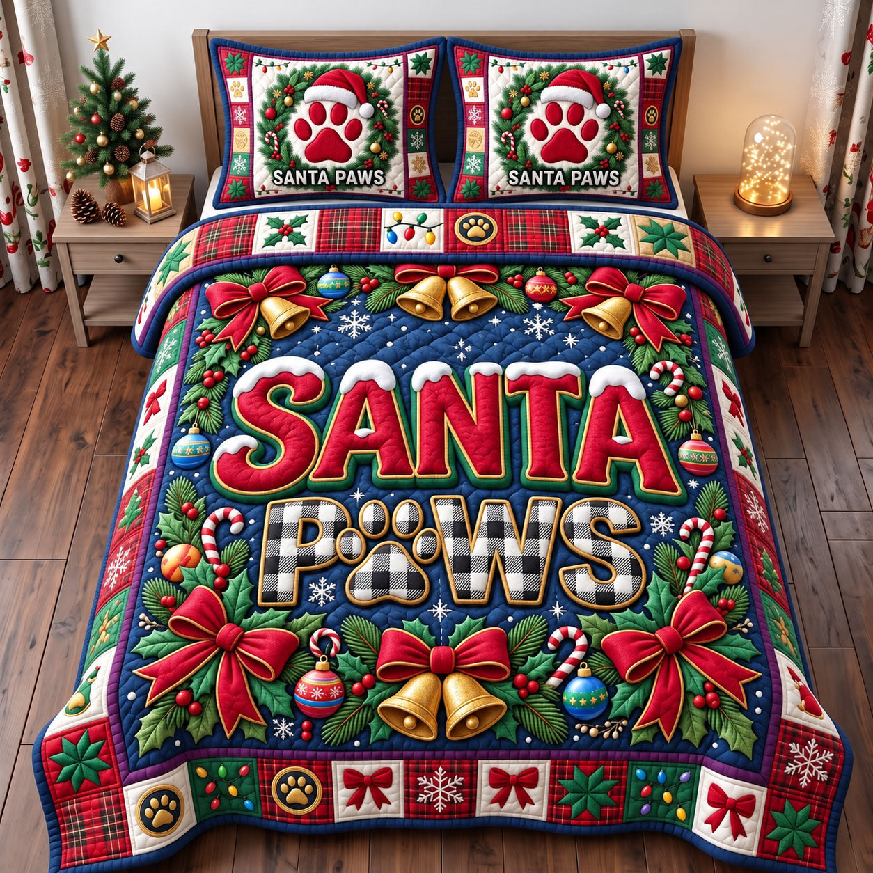 Santa Paws Quilted Bedding Set Xmas Puppy Bedding Set Festive Decor Gifts