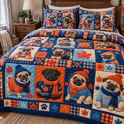 Pug Patchwork Quilted Bedding Set Cute Pug Dog Bedding Set Xmas Decor Gifts