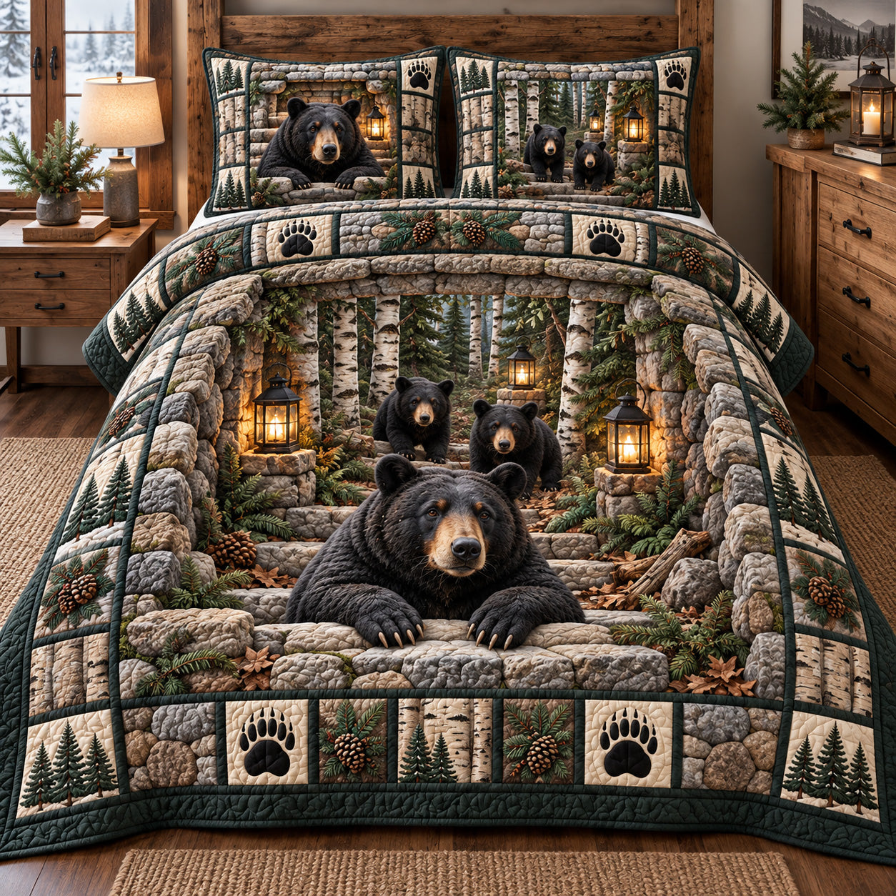 Rustic Bear Family Quilted Bedding Set Woodland Bear Family Bedding Set Decor Gifts