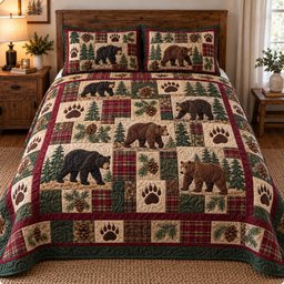 Rustic Bear Patchwork Quilted Bedding Set Woodland Bear Xmas Duvet Cover Set