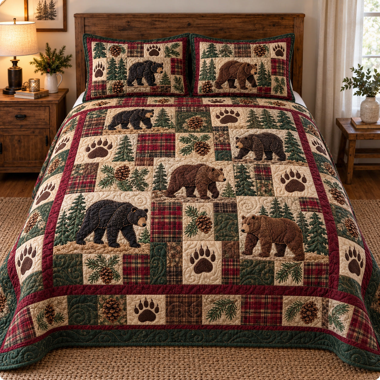 Rustic Bear Patchwork Quilted Bedding Set Woodland Bear Xmas Duvet Cover Set