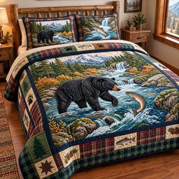 River Black Bear Quilted Bedding Set Rustic Black Bear Bedding Set Decor Lovers Gifts