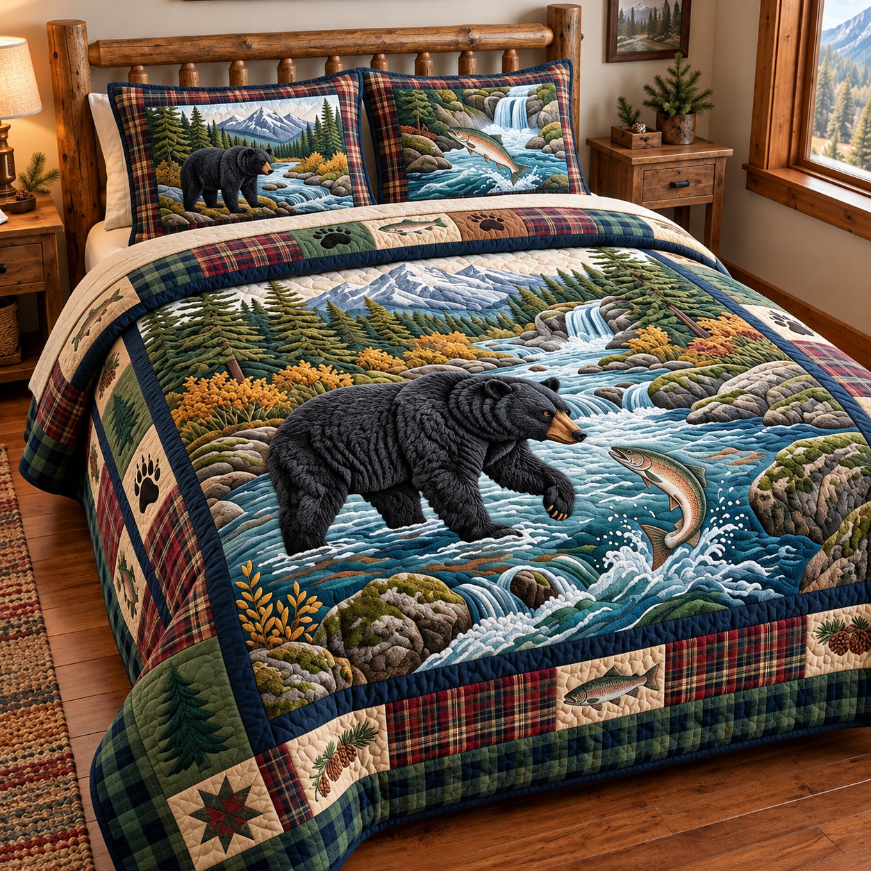River Black Bear Quilted Bedding Set Rustic Black Bear Bedding Set Decor Lovers Gifts