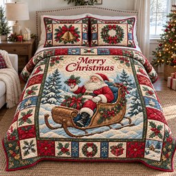 Santa Happy Christmas Sleigh Quilted Bedding Set Xmas Santa Bedding Set Gifts