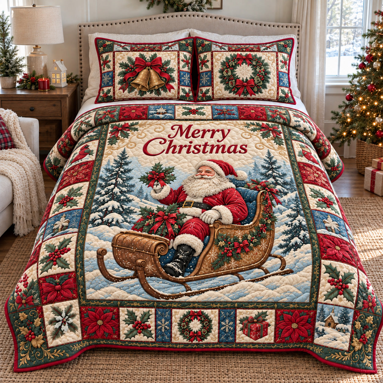Santa Happy Christmas Sleigh Quilted Bedding Set Xmas Santa Bedding Set Gifts