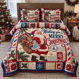 Santa Merry Christmas Wishes Quilted Bedding Set Xmas Santa Bedding Set Holiday Decor
