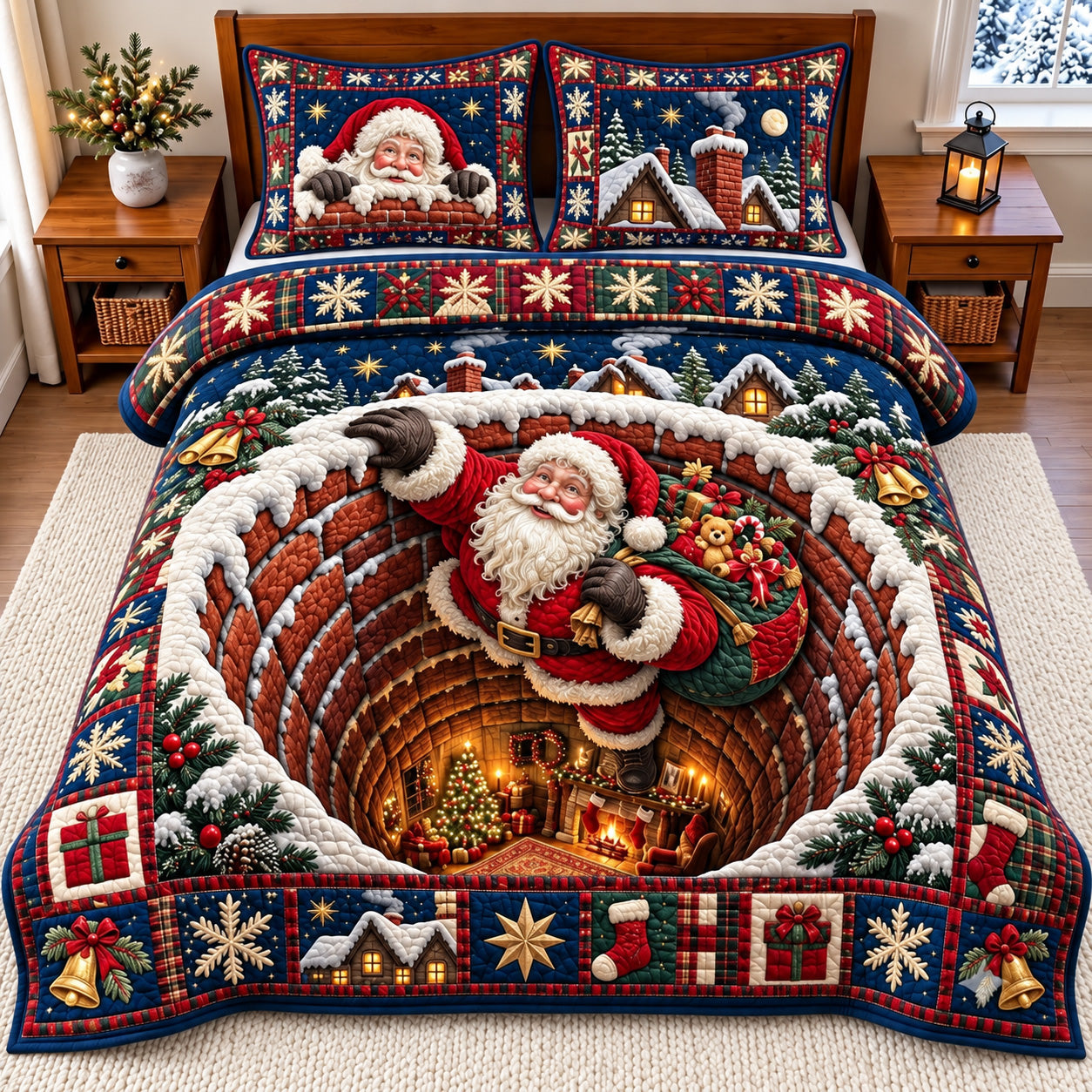 Santa Chimney Quilted Bedding Set Xmas Santa Bedding Set Gifts For Housewarming