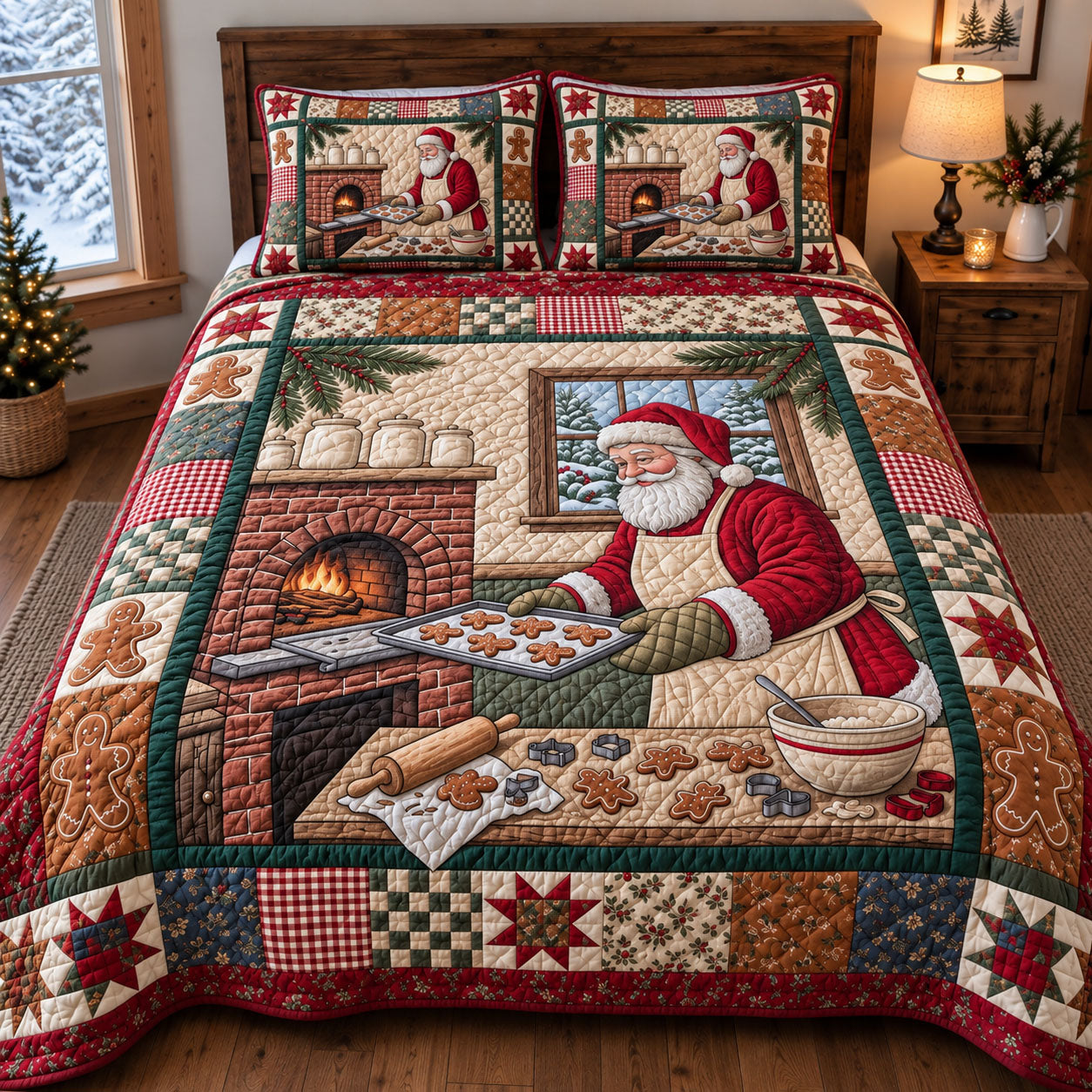 Santa Claus Quilted Bedding Set Xmas Santa Christmas Holiday Snowflake Decor Gifts