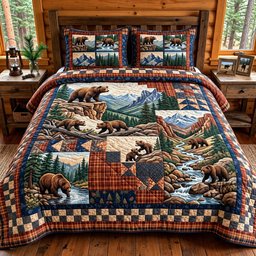 Rocky Mountain Bears Quilted Bedding Set Rustic Bear Bedding Xmas Decor Gifts
