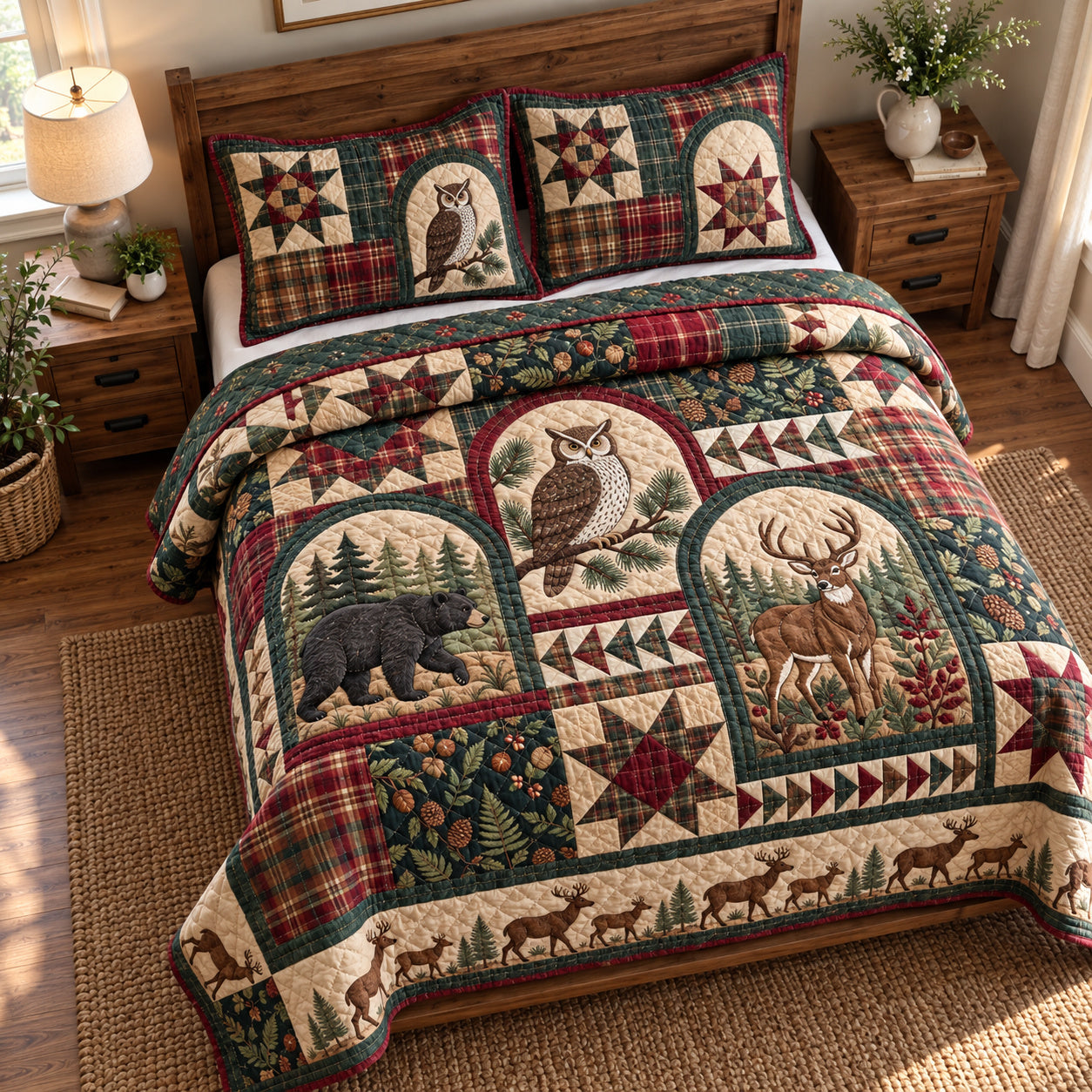 Rustic Woodland Wildflowers Quilted Bedding Set Xmas Floral Christmas Winter Decor