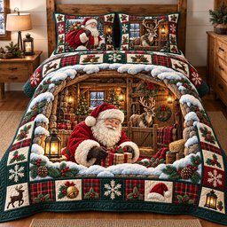 Rustic Santa Quilted Bedding Set Christmas Santa Bedding Set Winter Noel Decor Gifts