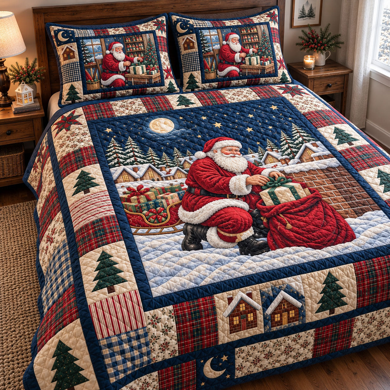 Santa Claus Quilted Bedding Set Xmas Santa Snowfall Winter Wonderland Decor Dad Gifts