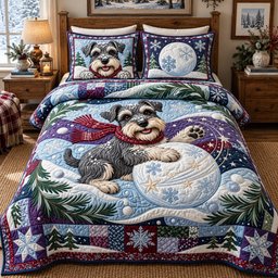 Schnauzer Snowball Mischief Quilted Bedding Set Christmas Snowball Decor Gifts