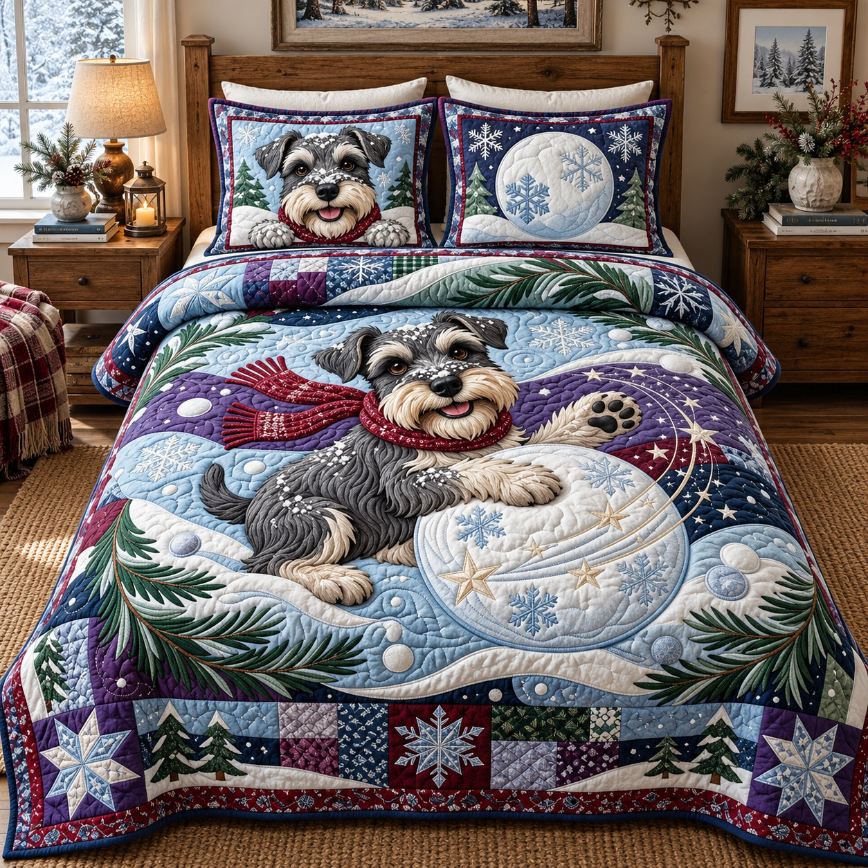 Schnauzer Snowball Mischief Quilted Bedding Set Christmas Snowball Decor Gifts