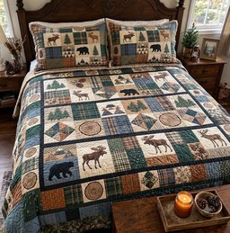 Woodland Cabin Patchwork Quilted Bedding Set Rustic Xmas Bedding Cozy Decor Gifts