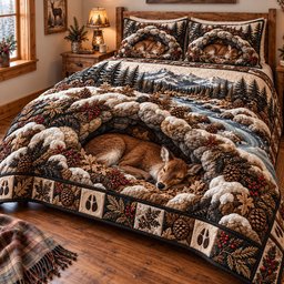 Snowy Mountain Deer Den Quilted Bedding Set Winter Deer Rustic Woodland Decor Gifts