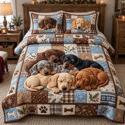 Sleeping Dachshund Pile Quilted Bedding Set Dachshund Christmas Puppy Decor Gifts