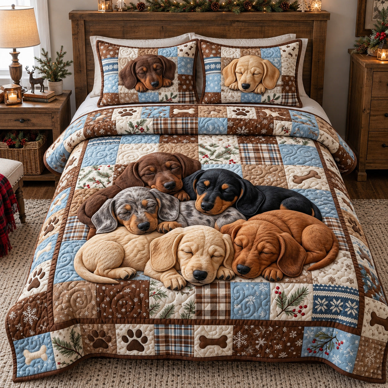 Sleeping Dachshund Pile Quilted Bedding Set Dachshund Christmas Puppy Decor Gifts
