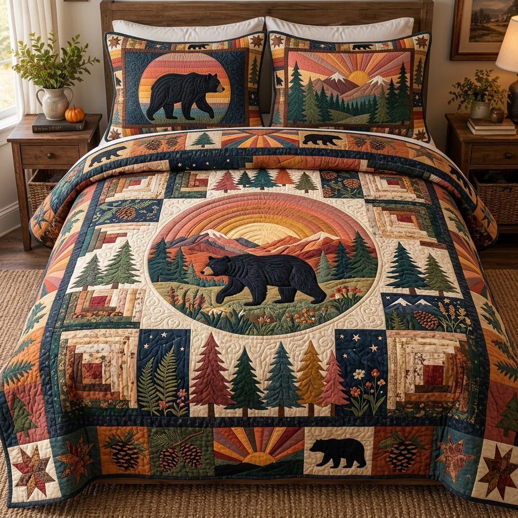 Sunset Bear Forest Patchwork Quilted Bedding Set Bear Bedding Xmas Decor Gifts