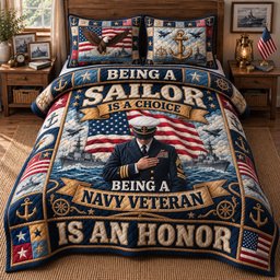 U.S Navy Veteran Quilted Bedding Set Patriotic Xmas Holiday Decor Husband Gifts