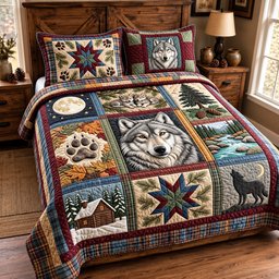 Wolf Patchwork Quilted Bedding Set Wolf Rustic Woodland Wildlife Xmas Decor Gifts