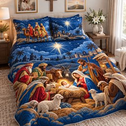 Three Wise Men Visit Baby Jesus Quilted Bedding Set Xmas Nativity Holiday Decor Gifts