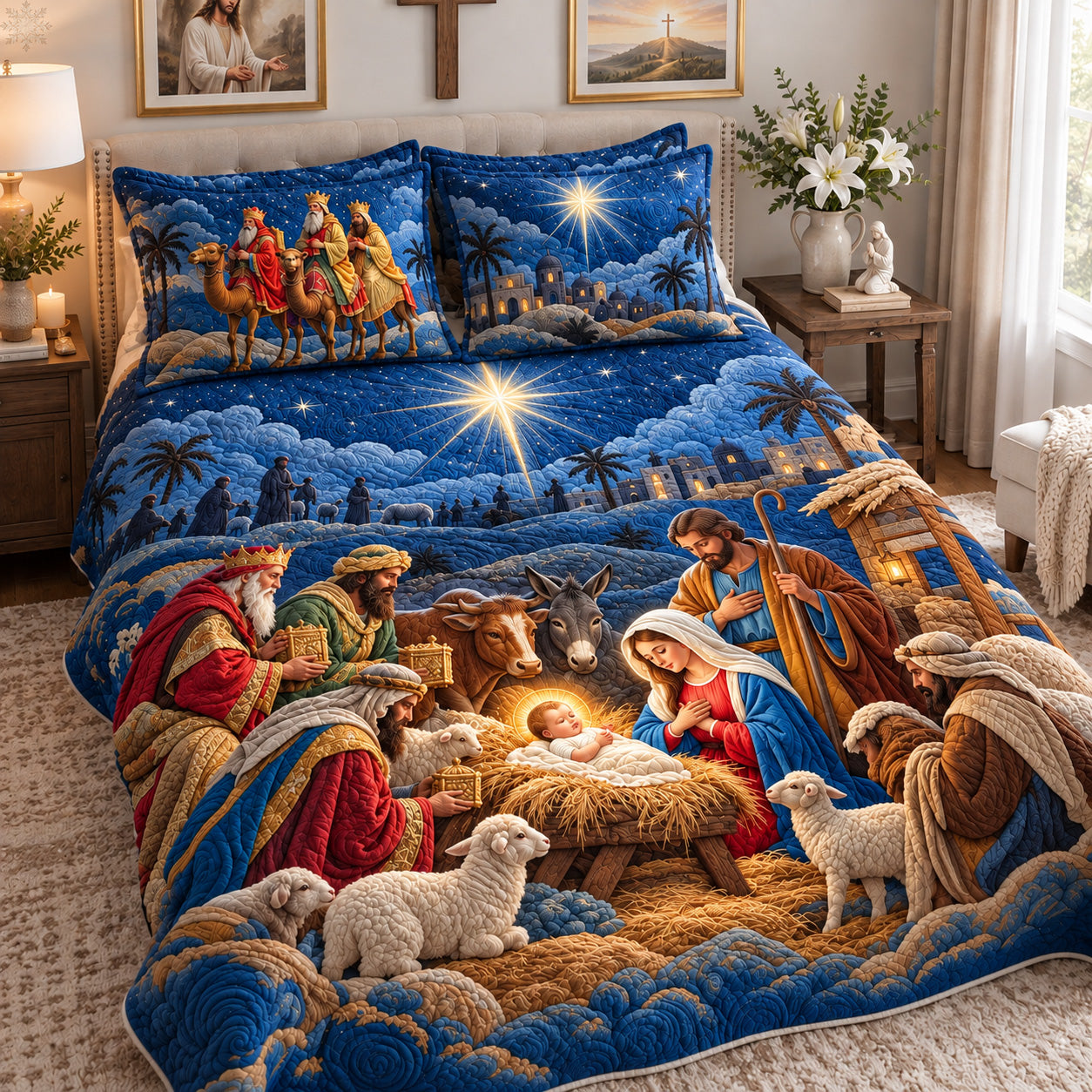 Three Wise Men Visit Baby Jesus Quilted Bedding Set Xmas Nativity Holiday Decor Gifts